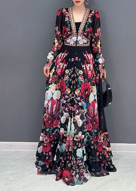 Art V Neck Print Chiffon Long Dresses Fall