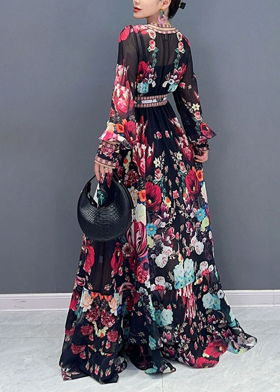 Art V Neck Print Chiffon Long Dresses Fall