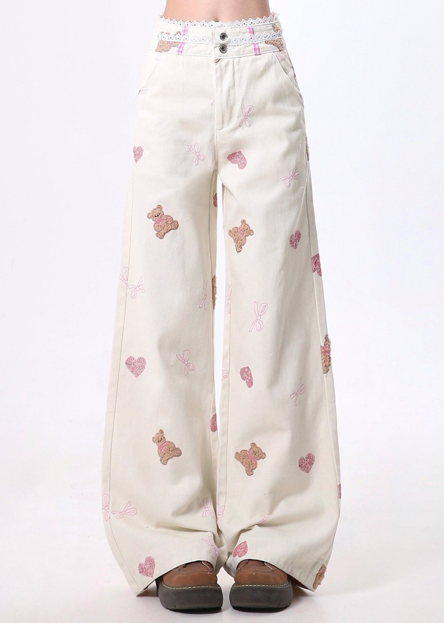 Art White Bear Embroidered Patchwork Lace Denim Straight Pants Spring