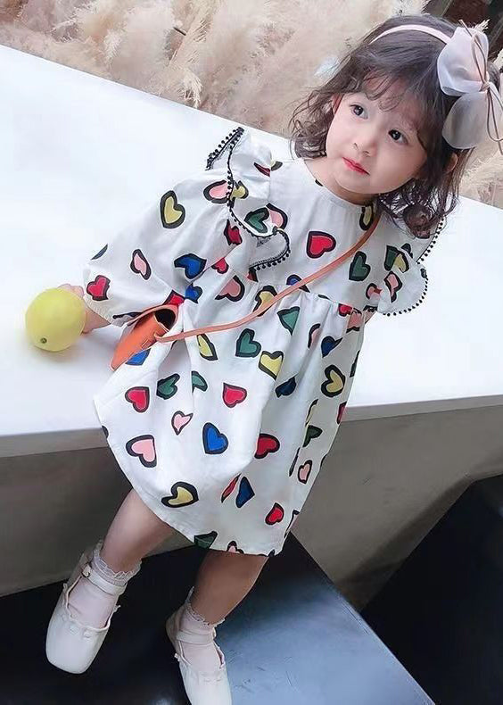 Art White O-Neck Print Girls Mid Dress Long Sleeve