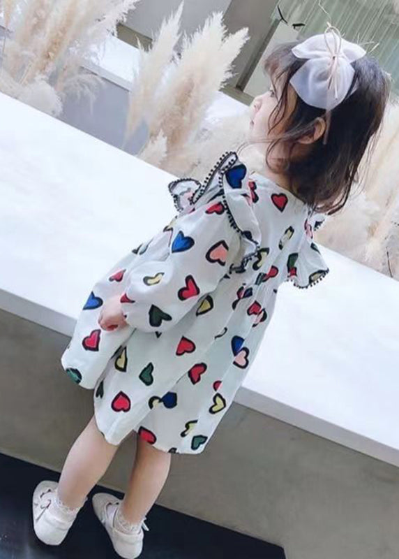 Art White O-Neck Print Girls Mid Dress Long Sleeve