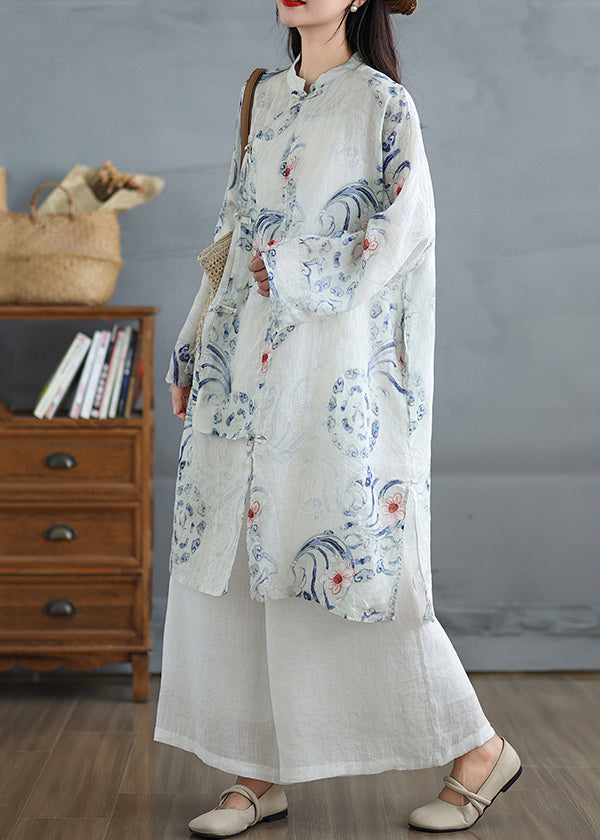 Art White Oversized Print Linen Oriental Dress Fall