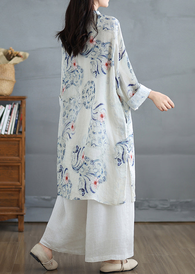 Art White Oversized Print Linen Oriental Dress Fall