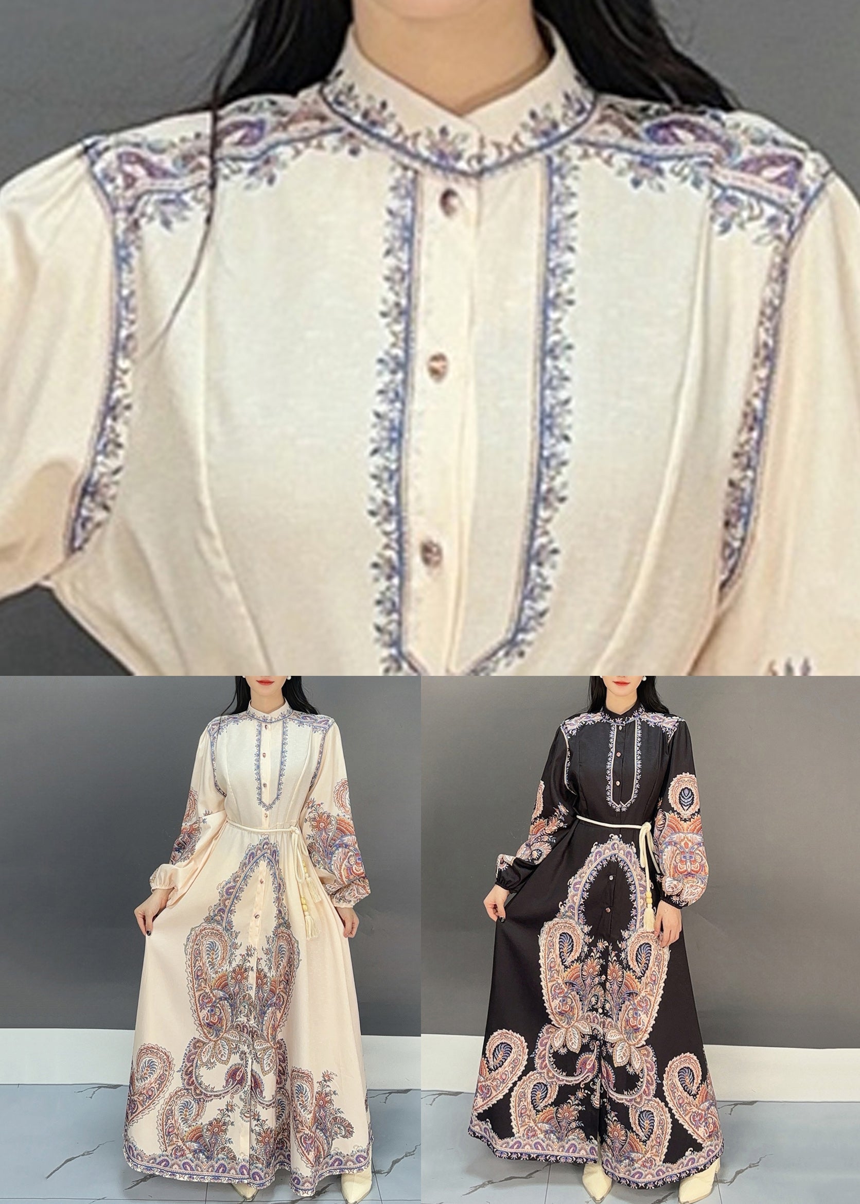 Art White Print Tie Waist Cotton Shirts Long Dress Fall