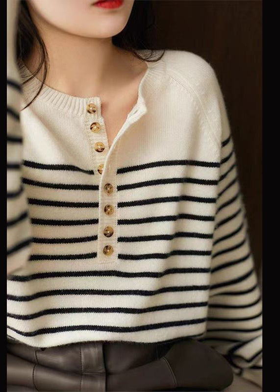 Art White Striped Button Woolen Sweaters Spring