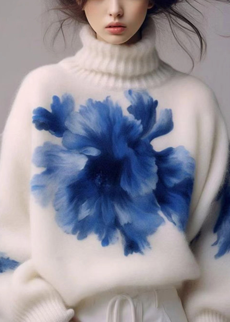 Art White Turtleneck Print Wool Knit Sweaters Spring