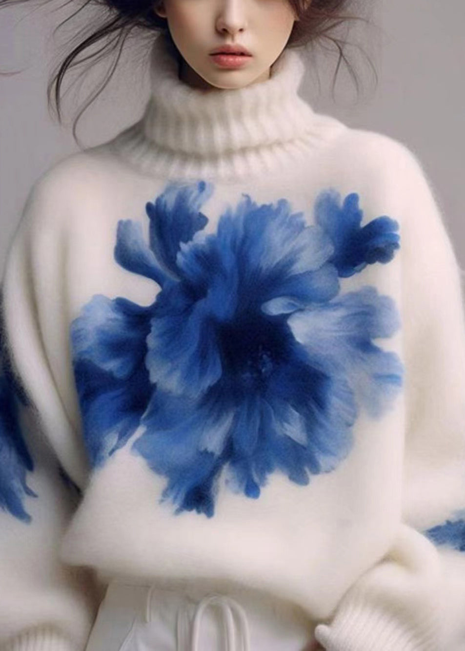 Art White Turtleneck Print Wool Knit Sweaters Spring