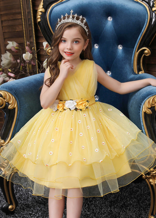 Art Yellow Embroideried Daisy Tulle Baby Girls Party Dress Summer