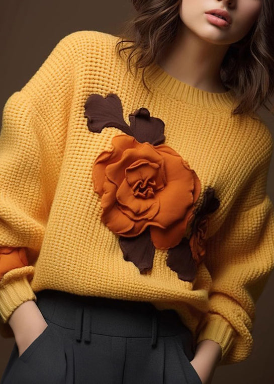 Art Yellow Floral  Cozy Cotton Knit Tops Fall