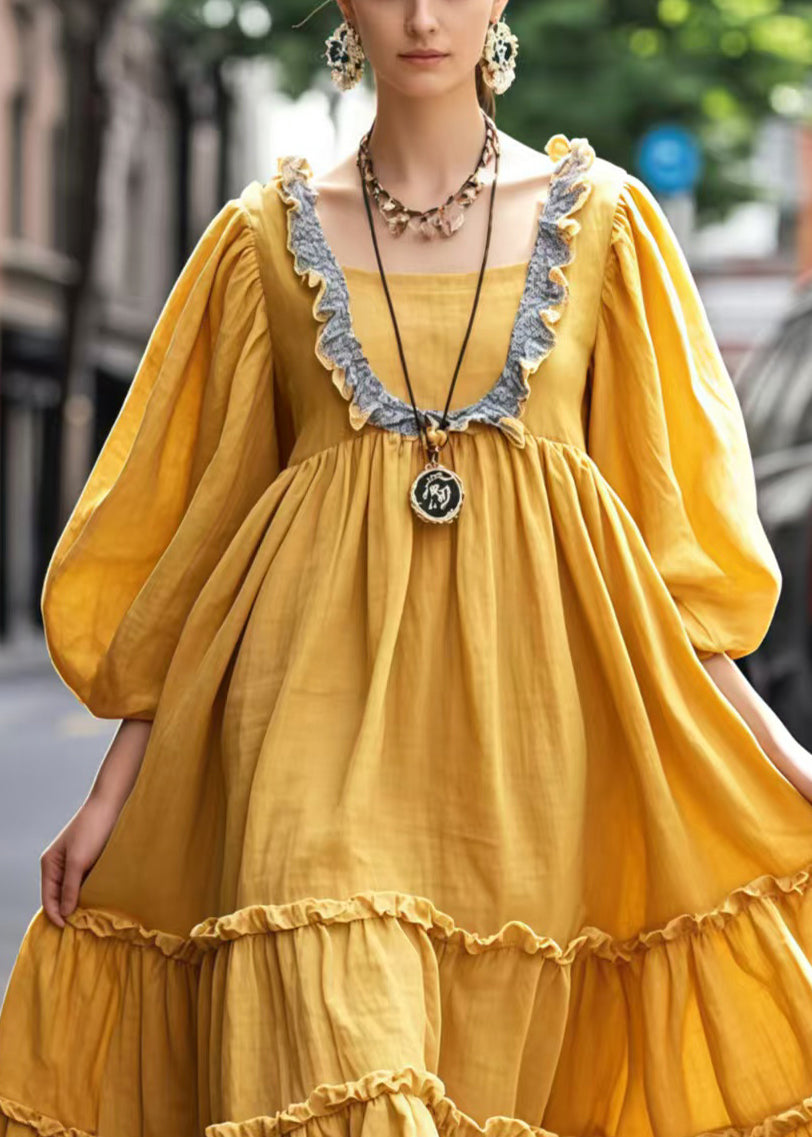 Art Yellow Ruffled Exra Large Hem Maxi Dresses Bracelet Sleeve