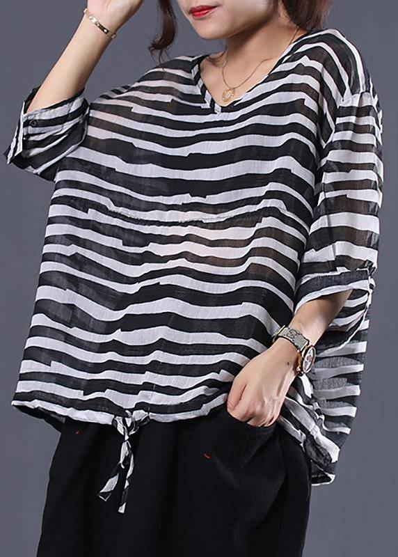 Art cotton shirts women plus size Adjustable Waist Stripes Casual Loose Blouse