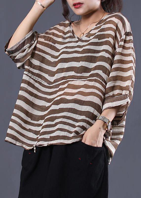 Art cotton shirts women plus size Adjustable Waist Stripes Casual Loose Blouse