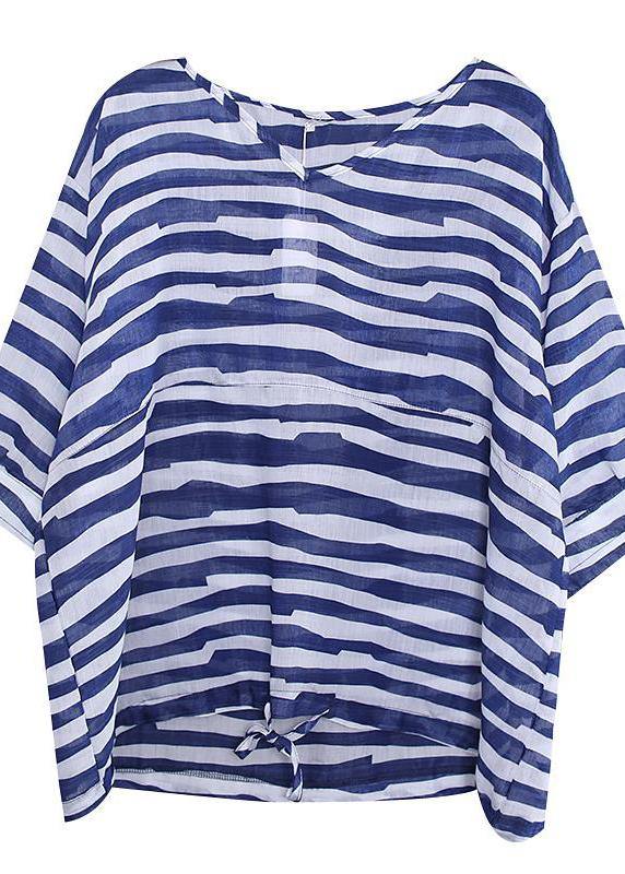 Art cotton shirts women plus size Adjustable Waist Stripes Casual Loose Blouse