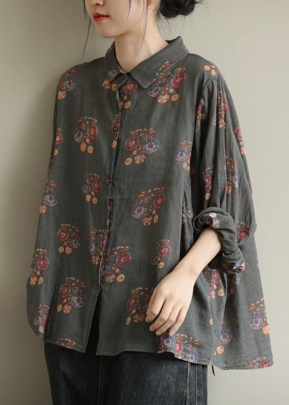 Art dark gray print tunic pattern lapel baggy fall top