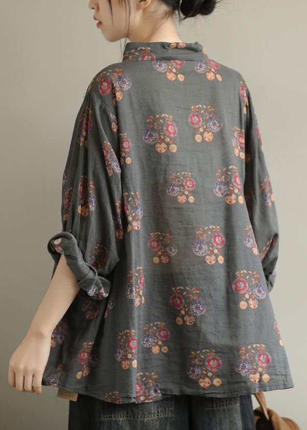 Art dark gray print tunic pattern lapel baggy fall top