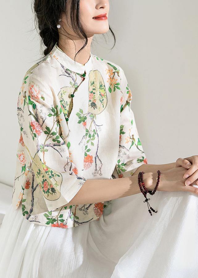 Art floral linen blouses for women half sleeve oversized stand collar shirts