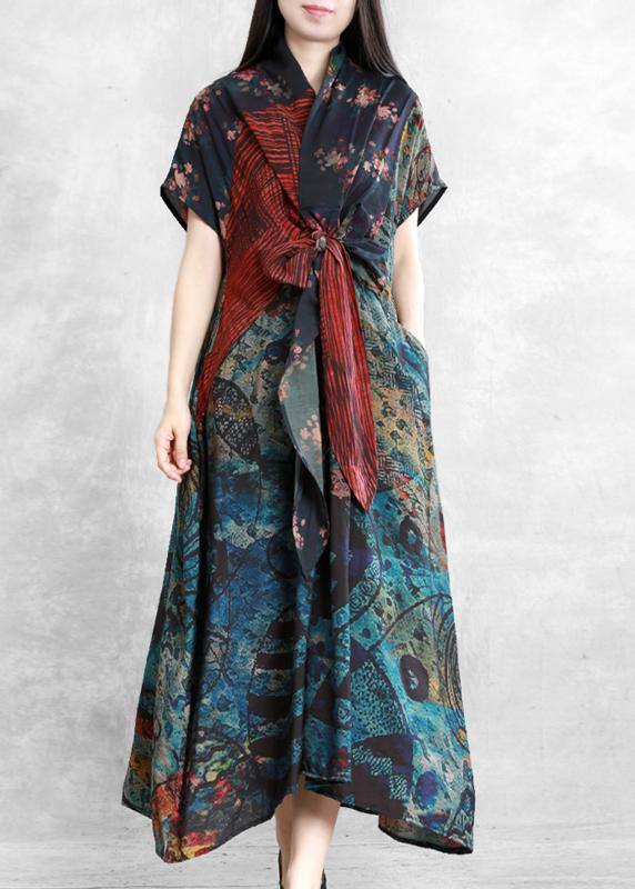 Art floral linen dresses v neck asymmetric robes Dresses