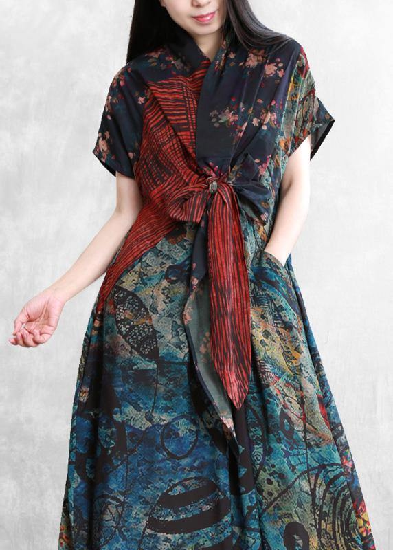 Art floral linen dresses v neck asymmetric robes Dresses