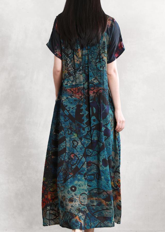 Art floral linen dresses v neck asymmetric robes Dresses