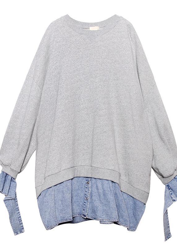 Art gray Blouse o neck false two pieces oversized blouses