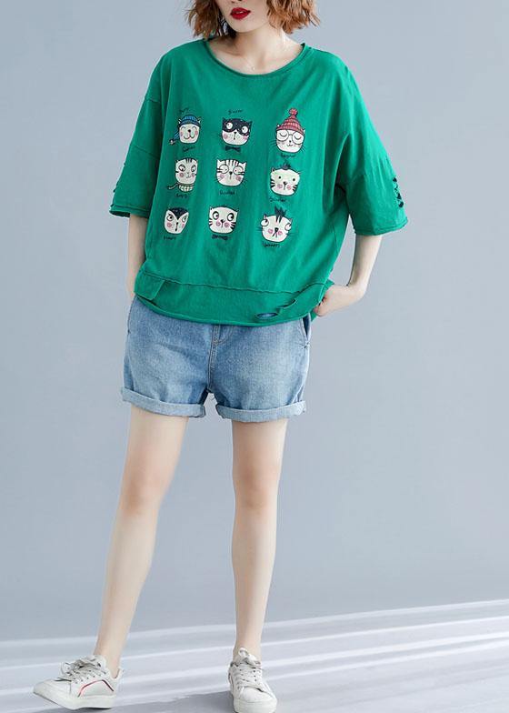 Art green prints cotton clothes o neck Hole Midi summer shirt