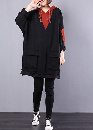 Art hooded cotton clothes For Women Work black patchwork blouse autumn