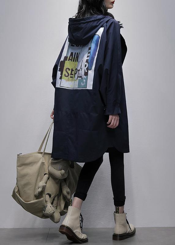 Art hooded zippered Fashion crane coats blue Plus Size Clothing coats