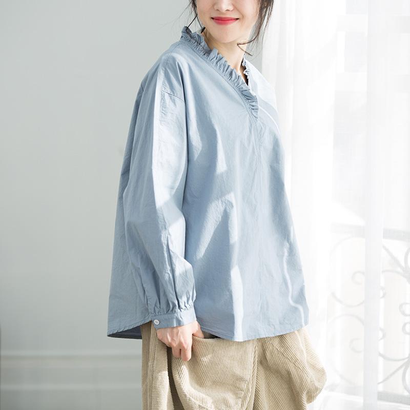 Art light blue cotton clothes For Women 2025 Wardrobes Ruffles Plus Size Clothing top