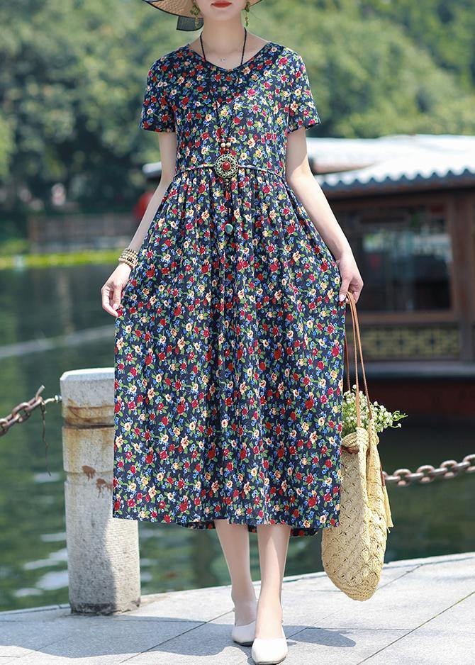 Art navy print linen clothes v neck pockets loose summer Dress