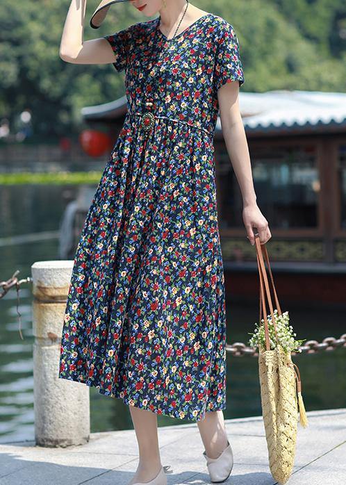 Art navy print linen clothes v neck pockets loose summer Dress