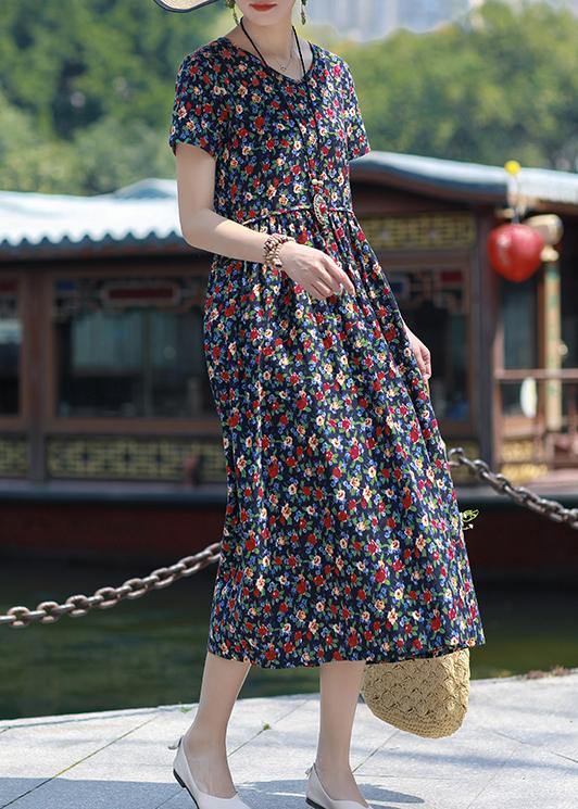 Art navy print linen clothes v neck pockets loose summer Dress