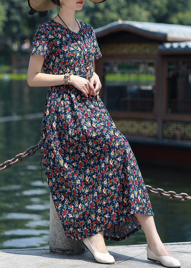 Art navy print linen clothes v neck pockets loose summer Dress