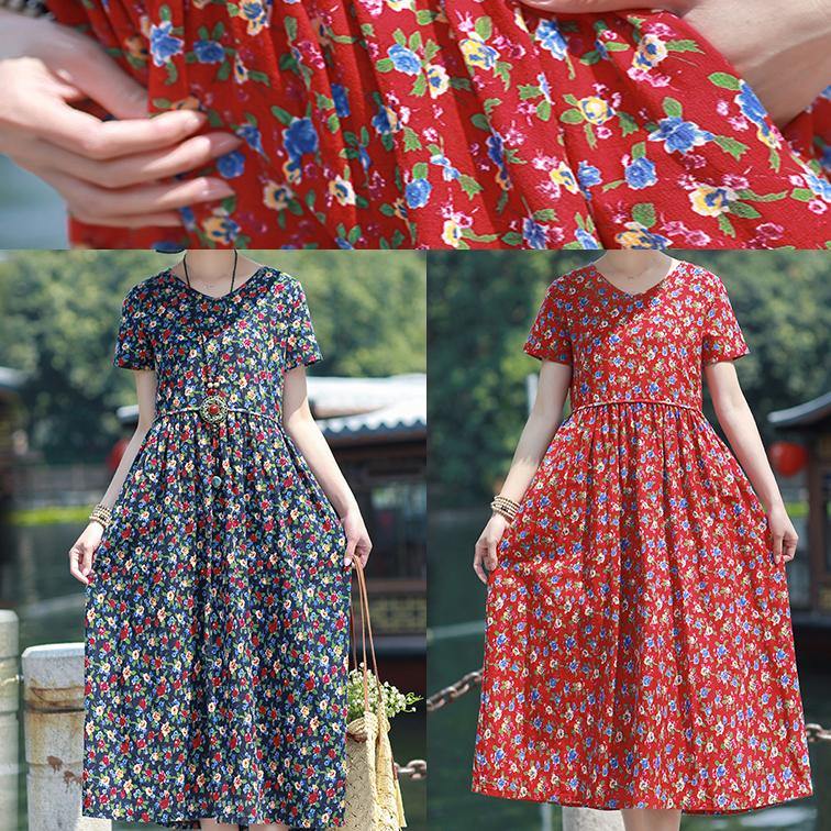 Art navy print linen clothes v neck pockets loose summer Dress