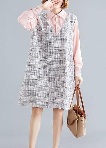 Art pink patchwork Plaid linen clothes For Women long sleeve false two pieces shift fall Dress