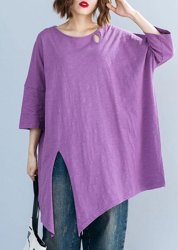 Art purple o neck cotton box top asymmetric hem Plus Size Clothing summer top