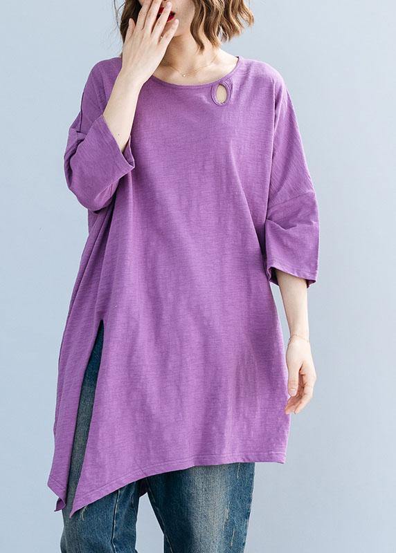 Art purple o neck cotton box top asymmetric hem Plus Size Clothing summer top