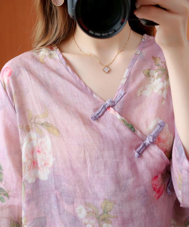 Art purple print shirts women v neck asymmetric Knee summer shirts