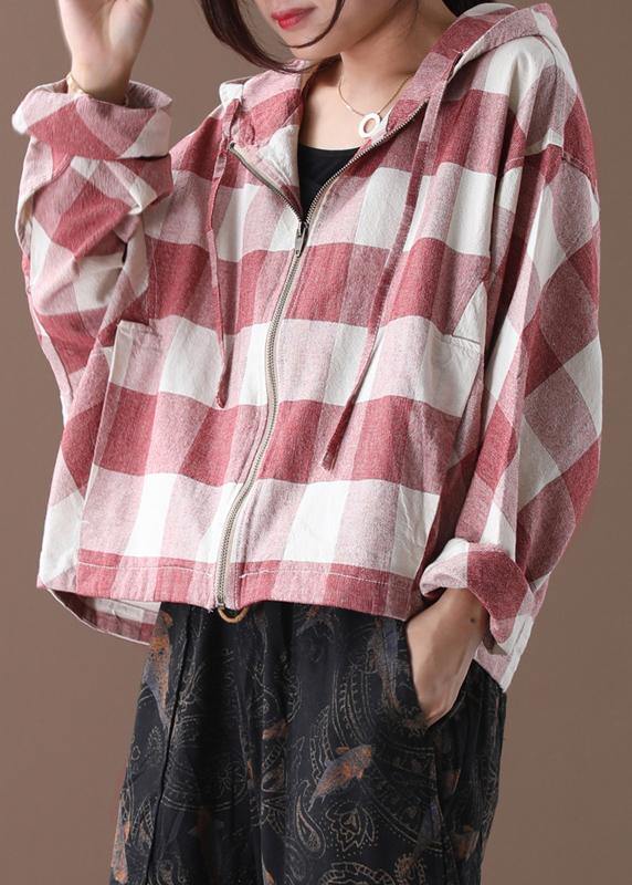 Art red white plaid Fine clothes Shape hooded coat