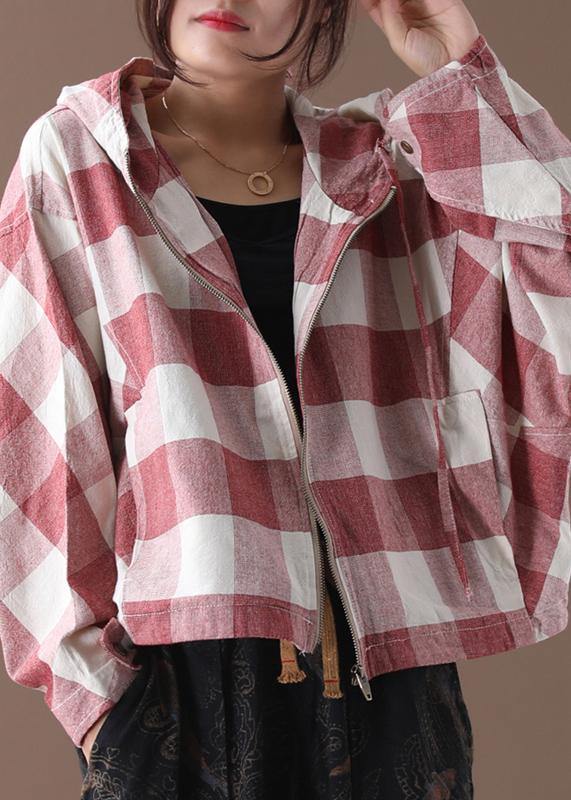 Art red white plaid Fine clothes Shape hooded coat