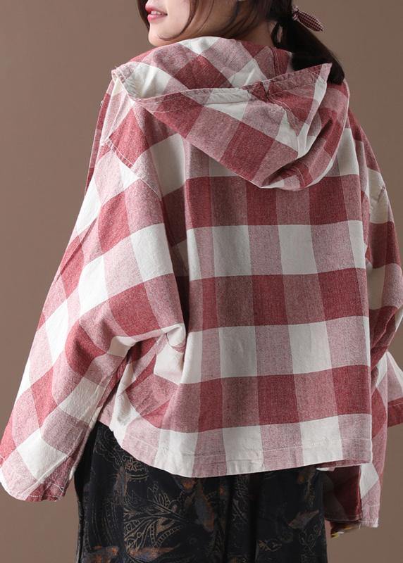 Art red white plaid Fine clothes Shape hooded coat