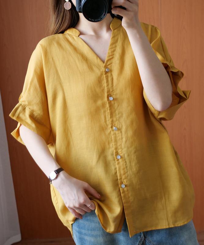 Art v neck Batwing Sleeve summer clothes design yellow blouse