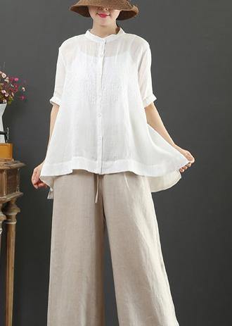 Art white embroidery linen top for women stand collar Midi summer top