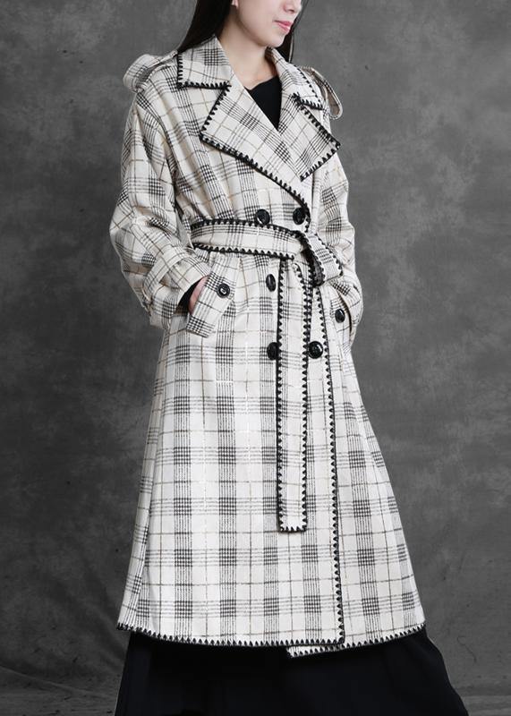 Art white plaid fine trench coat Gifts Notched back side open outwears