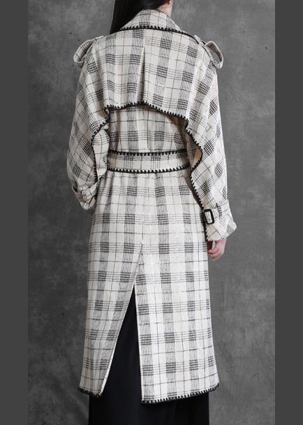 Art white plaid fine trench coat Gifts Notched back side open outwears