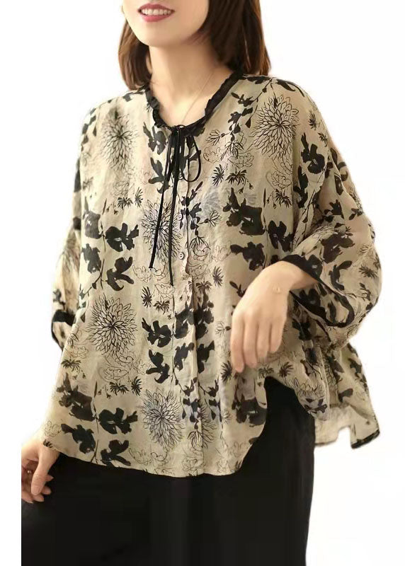 Art Beige Print Asymmetric Top Cotton Linen V Neck