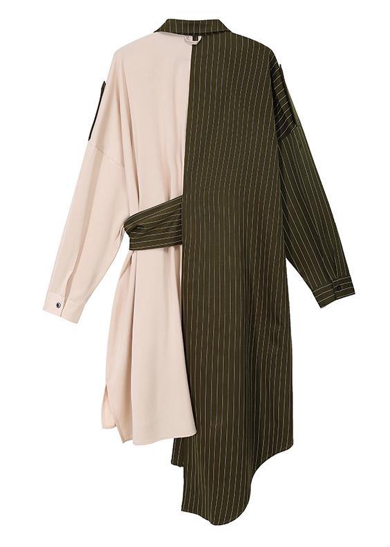 Autumn Asymmetrical Shirt Dress Long Sleeve Striped Sashes Ladies Stylish Robe