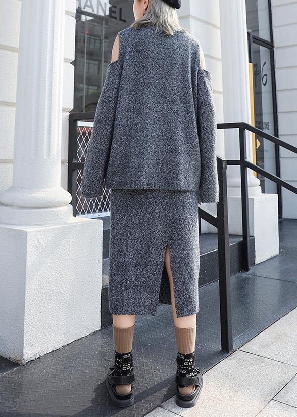 Autumn Knitted Gray Set Women's Two-piece Skirt New Sweater Skirt Set