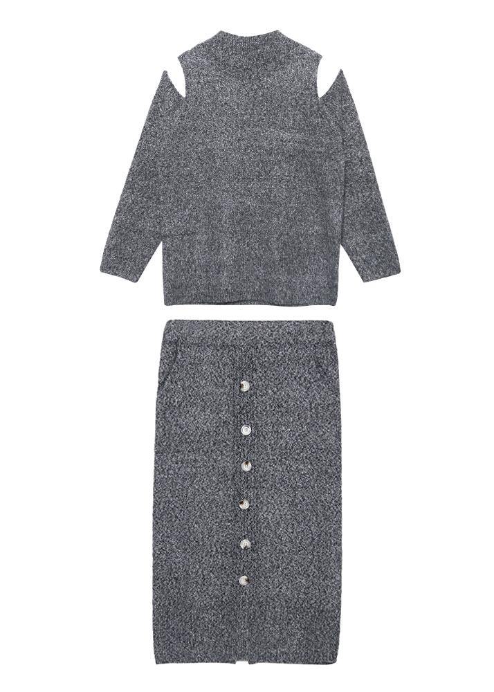 Autumn Knitted Gray Set Women's Two-piece Skirt New Sweater Skirt Set