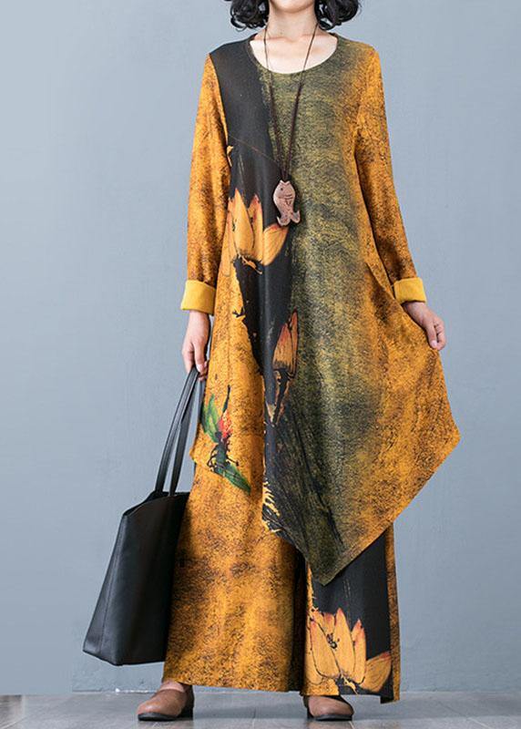 Autumn Knitted Yellow Print Irregular Medium Long Top Loose Wide Leg Pants Two Piece Set