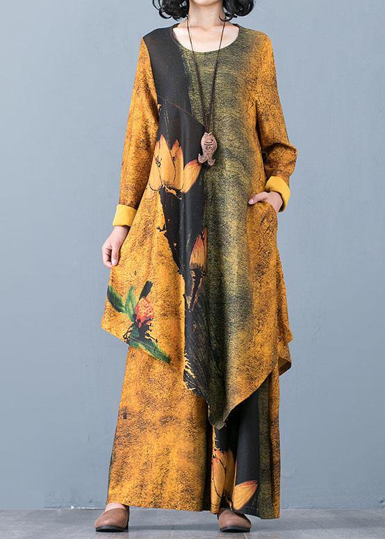 Autumn Knitted Yellow Print Irregular Medium Long Top Loose Wide Leg Pants Two Piece Set